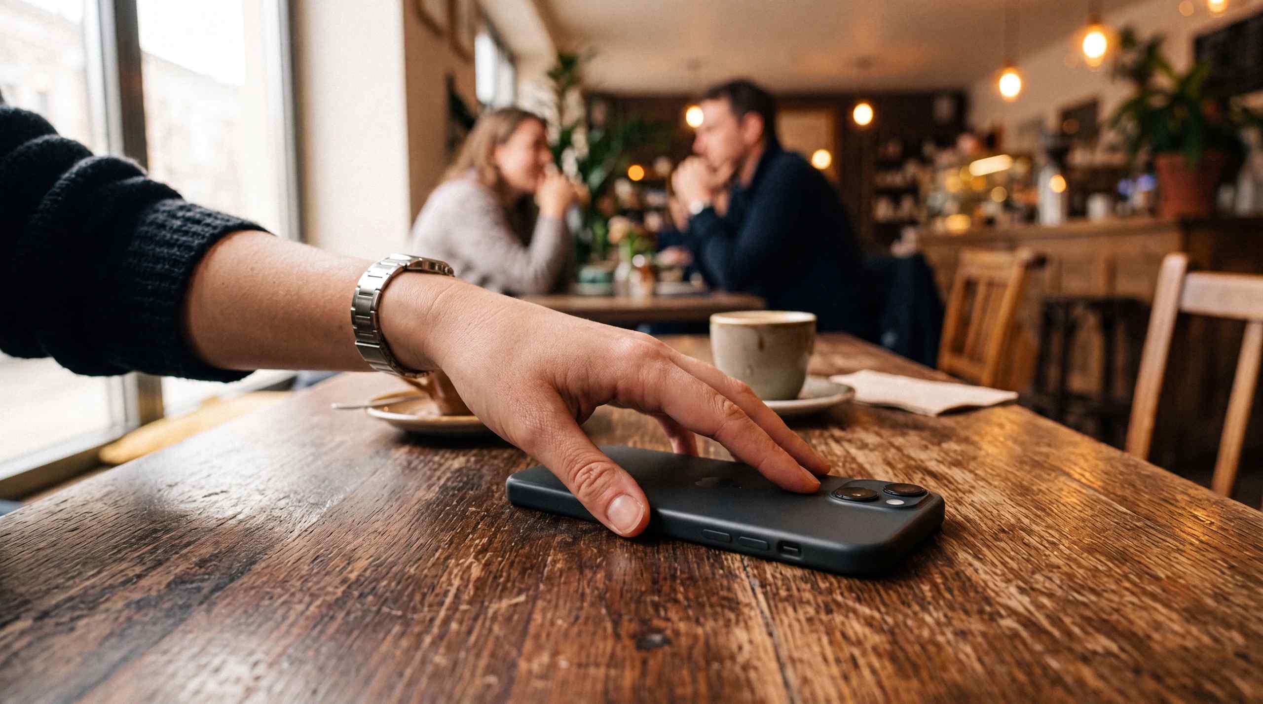 A man sets a phone down on a table.